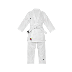 Karategi Adidas para niños WKF Approved completo con cinturón blanco, vista frontal – Teams por Combat, distribuidores oficiales de Adidas Combat Sport en Venezuela