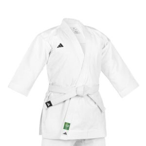 Karategi Adidas Evolution para niños con cinturón blanco y sello Green Karate – Teams por Combat, distribuidores oficiales de Adidas Combat Sport en Venezuela