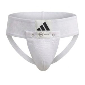 Coquilla protectora masculina adidas combat sports blanca con aprobación WKF, vista frontal